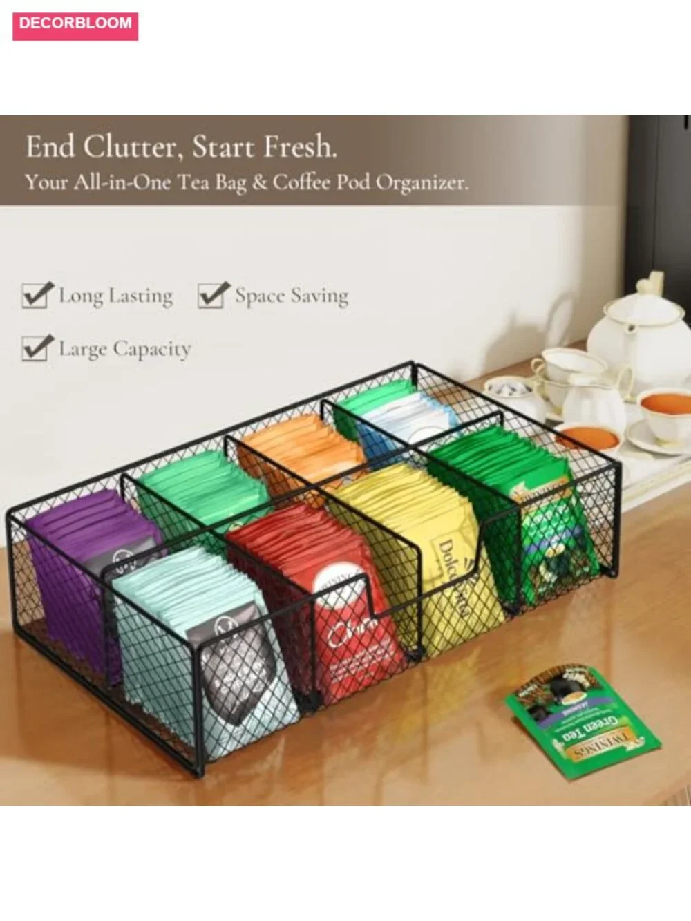 Tea Bag Organizer Wooden Storage Box with Pull-Out Drawer for Countertop